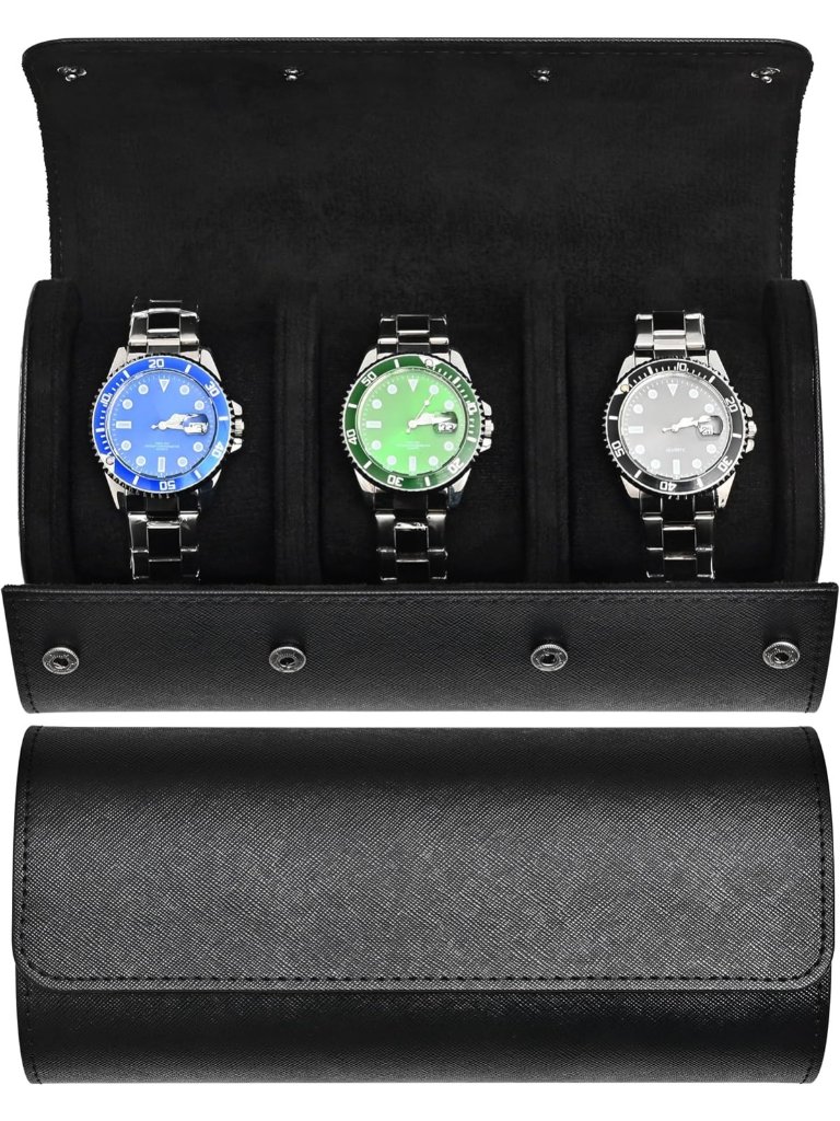 Luxury Leather Watch Roll Case For 3 Watches  Travel Organizer  Display Black